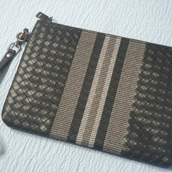 [BUNJANG] Men's Woven Leather Clutch Bag with Stripe Pattern / 남성용 클러치백 가죽 직조 스트라이프