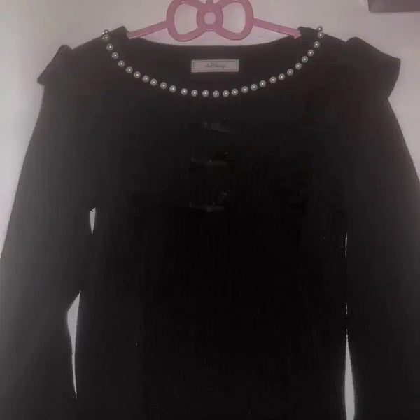 [BUNJANG] Ankrouz 3-Row Ribbon Black Pearl Knit Jihyol-gye / 앙크루즈 3연리본 블랙 진주 니트 지뢰계 양지뢰 스나계 걸리