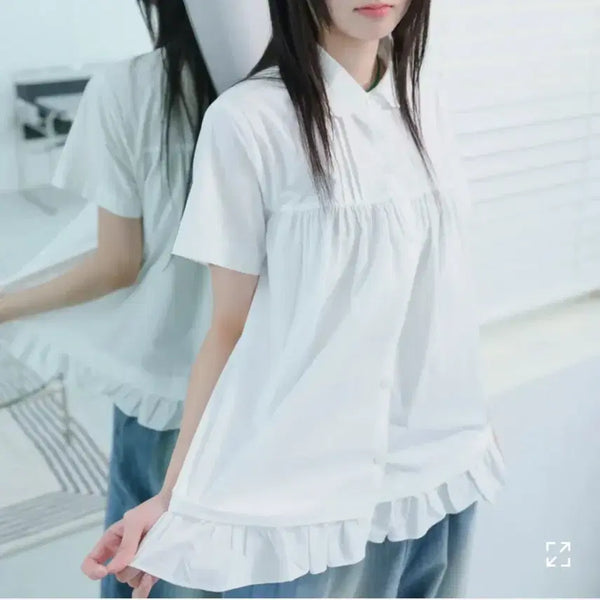 [BUNJANG] Tildeseoul Juicy Frill Short-Sleeve Blouse / [에이블리] 틸데서울 쥬시 프릴 반소매 블라우스 둥근카라 핀턱