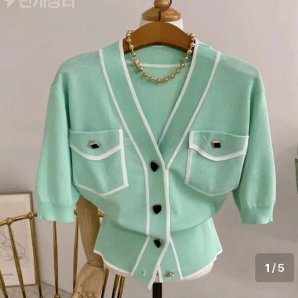 [BUNJANG] Mint Color Block Cardigan / 새상품) 민트 배색 가디건