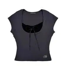 [BUNJANG] Please Follow Adeline Ribbon Top Charcoal / 플리즈노팔로우 아델린 리본 탑 차콜 공겜여주다크코어갸루