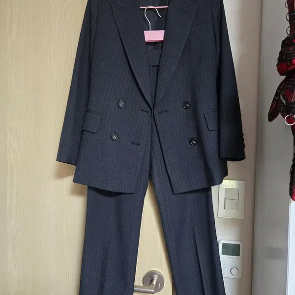 [BUNJANG] Kenneth Lady Navy Stripe Double Breasted Suit Set / 케네스레이디 셋업 네이비 스트라이프 더블 바지 정장 세트 44-55