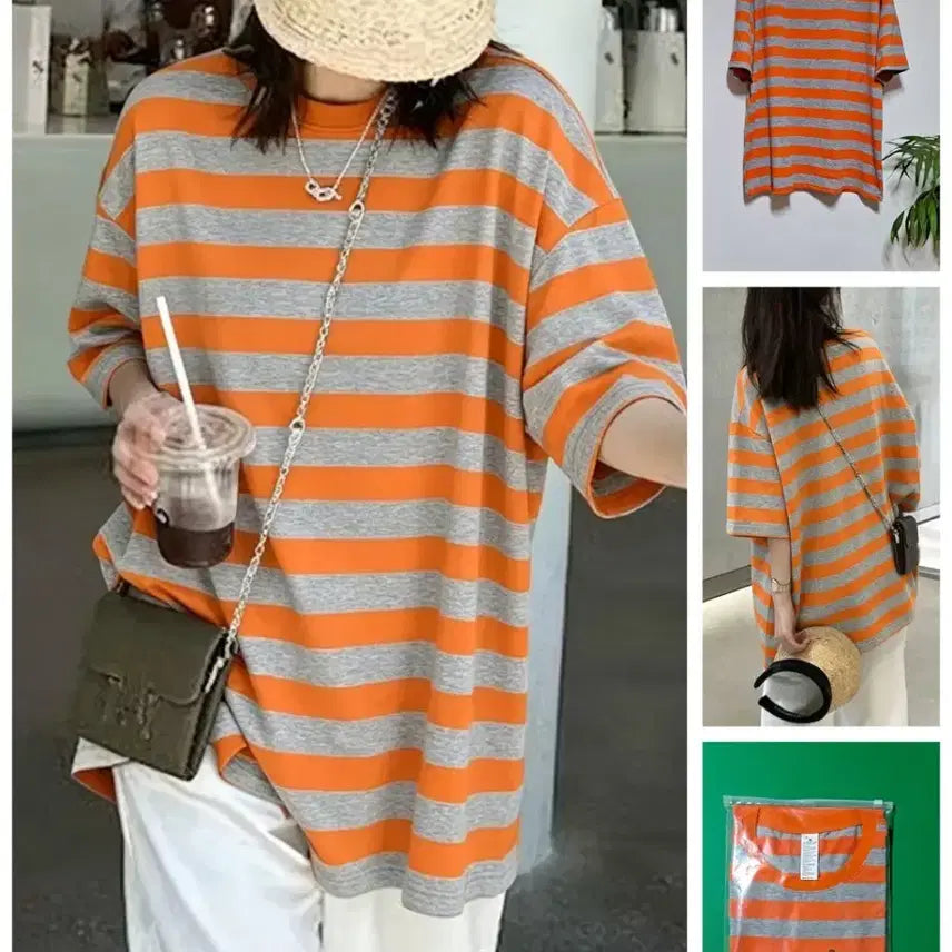 [BUNJANG] Oversized Orange Stripe T-Shirt / 오버사이즈 오렌지 스트라이프 티