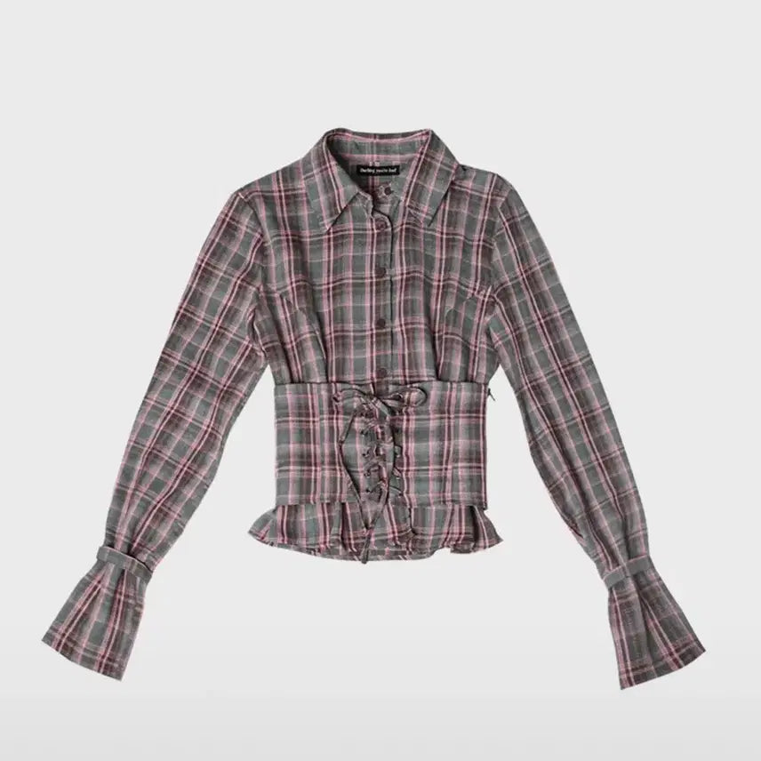 [BUNJANG] Darling Your BAE Check Corset Shirt Pink Grey / 새상품 달링유어배드 체크 코르셋 셔츠  핑크 그레이