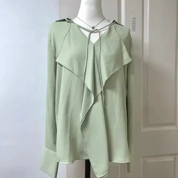 [BUNJANG] Imvely V-Neck Frill Shirring Ribbon Two-Way Loose Fit Summer Long Sleeve Blouse / 임블리 브이넥 프릴 셔링 리본 투웨이 루즈핏 여름 긴팔 블라우스 f