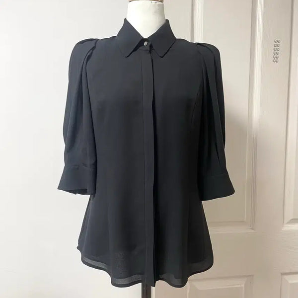 [BUNJANG] Jigott Puff Short Sleeve Layered Blouse / 지고트 라인 퍼프 반팔 레이어드 블라우스 55