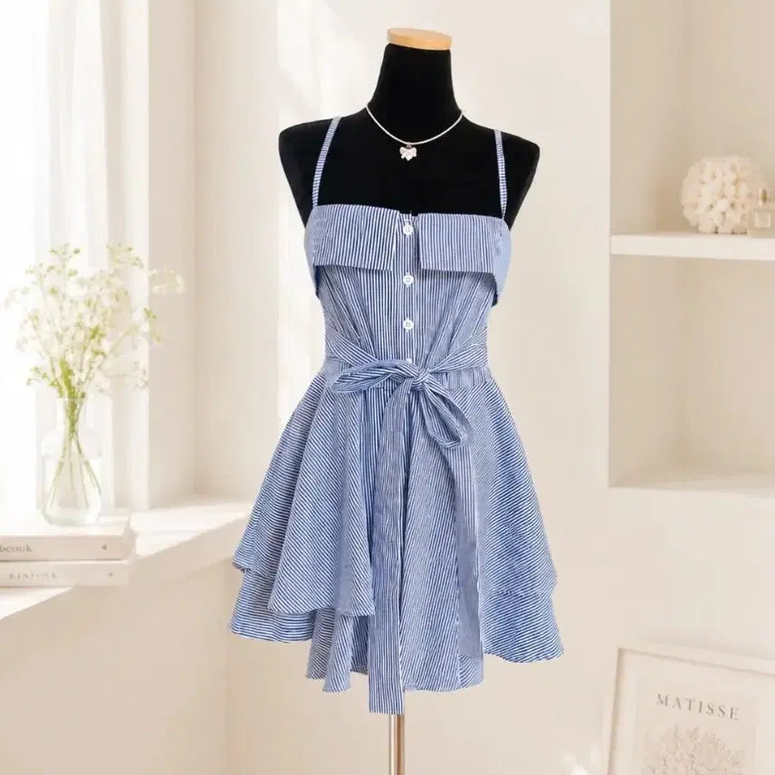 [BUNJANG] Stripe Ribbon Bustier Mini Dress / 스트라이프 리본 뷔스티에 원피스