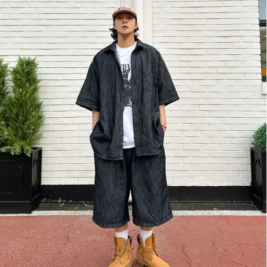 [BUNJANG] Denim Linen Wide Shirt & Bermuda Shorts Set / 새제품 세트 ) 린넨 데님 와이드 셔츠 버뮤다 반바지 일괄가격 (진청