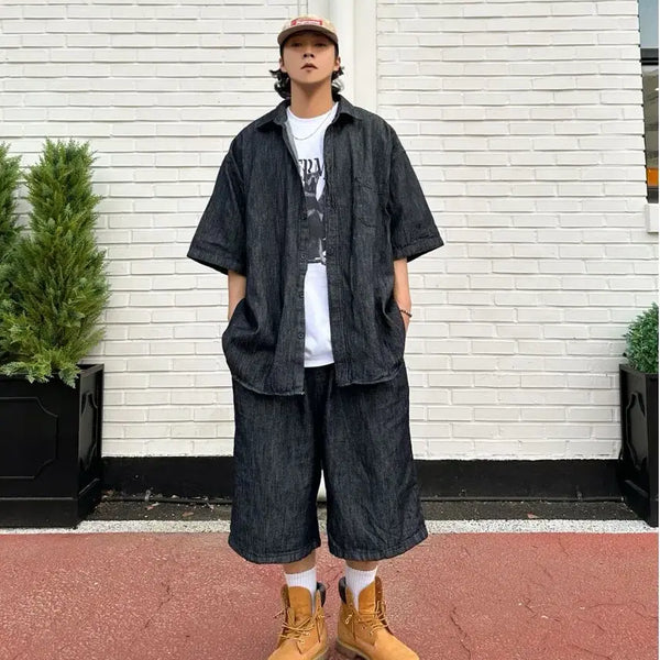 [BUNJANG] Denim Linen Wide Shirt & Bermuda Shorts Set / 새제품 세트 ) 린넨 데님 와이드 셔츠 버뮤다 반바지 일괄가격 (진청