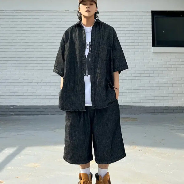 [BUNJANG] Linen Denim Wide Shirt & Bermuda Shorts Set (Black Denim) / 새제품 세트) 린넨 데님 와이드 셔츠 버뮤다 반바지 일괄가격 (흑청)