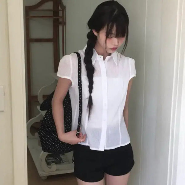 [BUNJANG] Any One More Torren Cap Sleeve Collar Short Sleeve Blouse Shirt / 에이블리 애니원모어 토렌 캡소매 카라 반팔 블라우스 셔츠