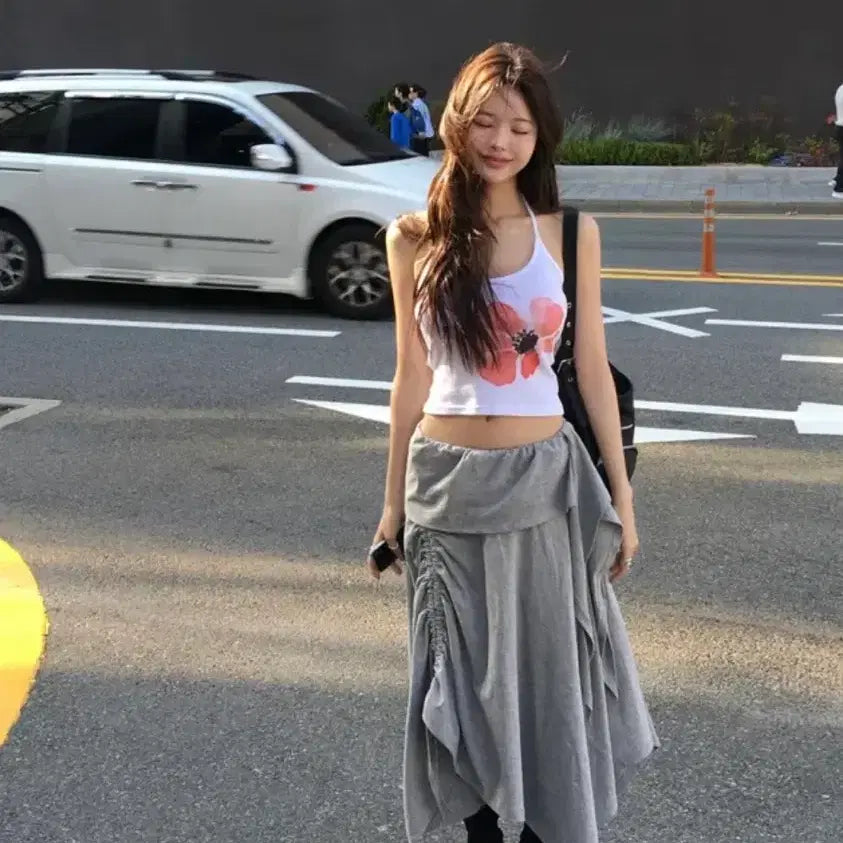 [BUNJANG] Vacation Halter Top + Asymmetrical Flare Skirt Set / 바캉스 홀터 나시 + 언발 플레어 스커트 세트