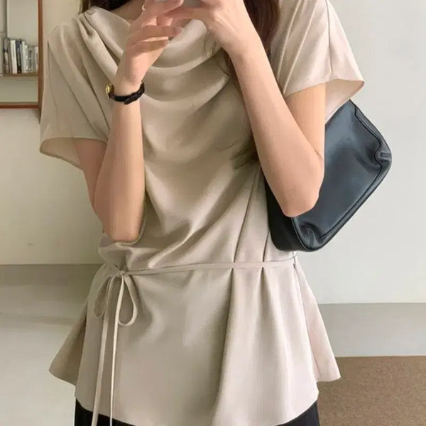 [BUNJANG] Wrap Style Shirring Blouse - Beige / 랩 스타일 셔링 블라우스 베이지