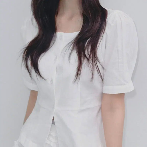 [BUNJANG] Square Neck Puff Sleeve Blouse - Black / 스퀘어넥 퍼프 소매 블라우스 블랙