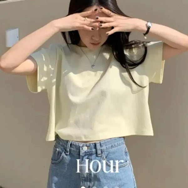 [BUNJANG] Uptownholic Lemon Yellow Cotton Cropped T-Shirt / 업타운홀릭)레몬색 탄탄 크롭 티셔츠