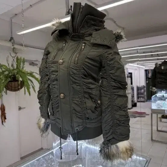 [BUNJANG] Vintage Faux Fur Shering Khaki Field Jacket / 갸루 퍼 셔링 카키 야상