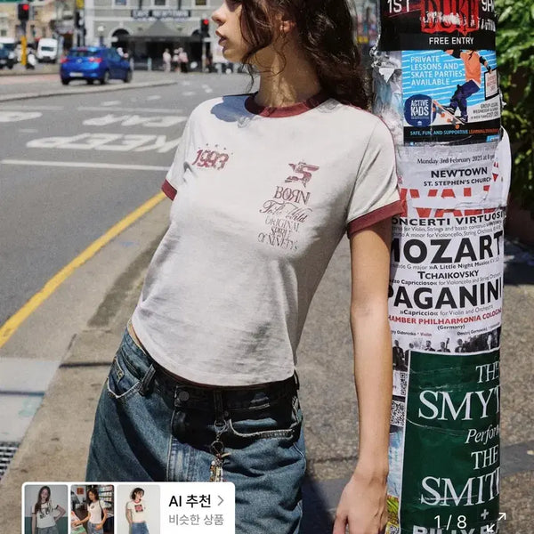 [BUNJANG] 1993studio Track Crop Ringer T-Shirt Oat Beige / 1993스튜디오 트랙 크롭 링거 티셔츠 오트베이지