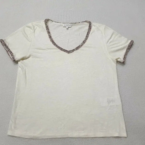 [BUNJANG] Claudie Pierlot 100% Linen V-Neck Short Sleeve T-Shirt Ivory / 끌로디피에로 린넨100% V넥 반팔티 아이보리 66 여성90