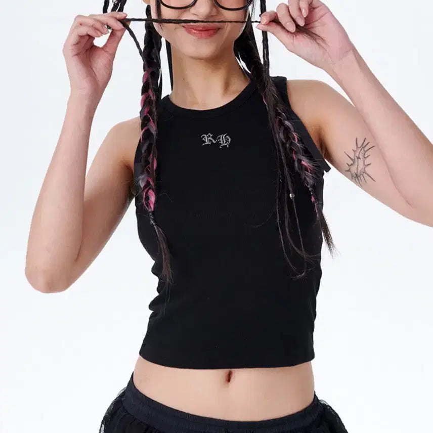 [BUNJANG] Glitter RH Logo Racer Back Top (Black, S) / 글리터 RH 로고 레이서 백 탑 (블랙 , s사이즈)