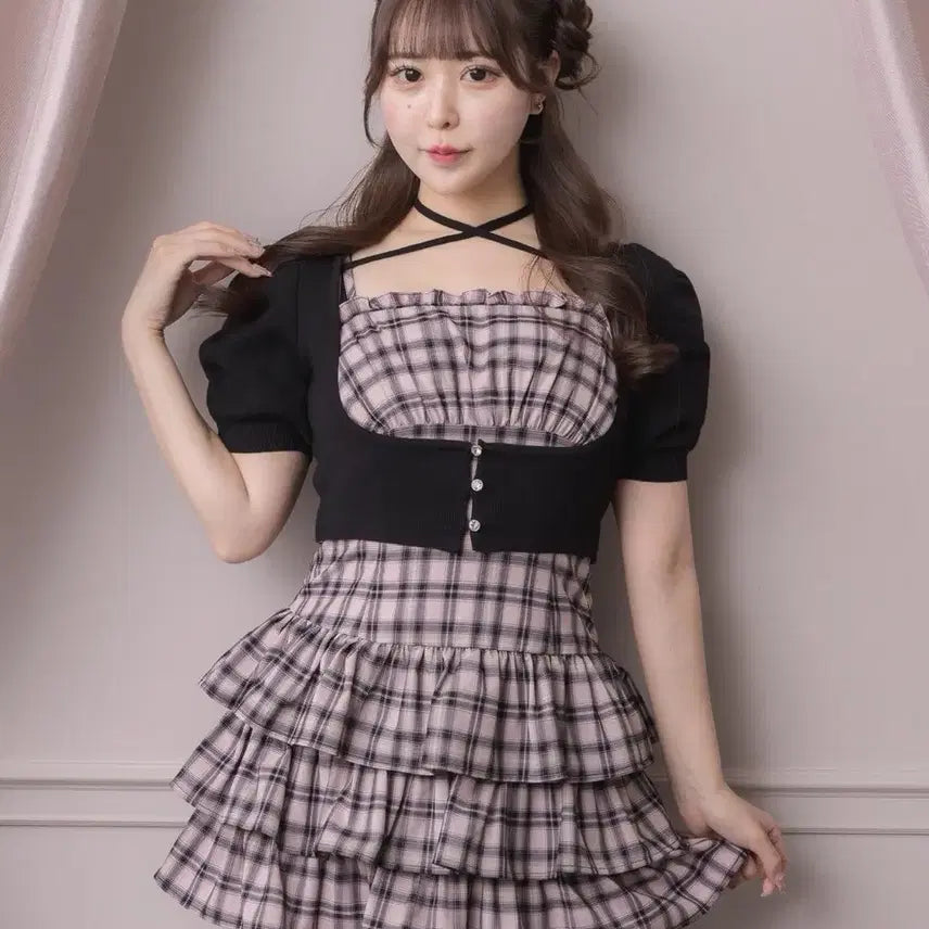 [BUNJANG] Pium Short-Sleeve Beaded Cardigan Checkered Dress / 피움 반팔 비즈 가디건 체크 원피스