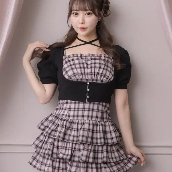 [BUNJANG] Pium Short-Sleeve Beaded Cardigan Checkered Dress / 피움 반팔 비즈 가디건 체크 원피스