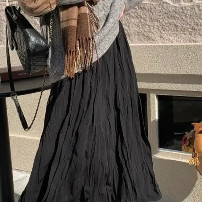 [BUNJANG] Pleated Long Skirt - Black / 플리츠 롱 스커트 블랙
