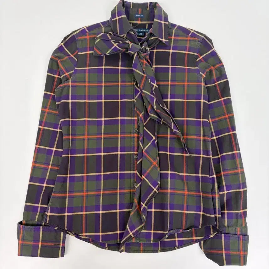 [BUNJANG] Polo Ralph Lauren Women's Tartan Plaid Bow Tie Long Sleeve Shirt / [정품] 폴로랄프로렌 여성용 타탄체크 보타이 리본 긴소매