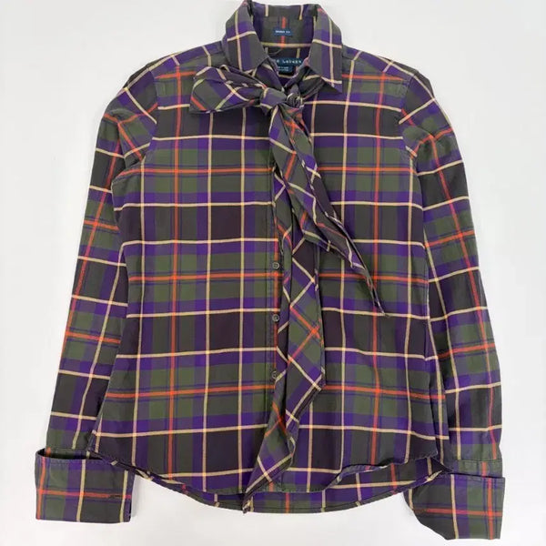 [BUNJANG] Polo Ralph Lauren Women's Tartan Plaid Bow Tie Long Sleeve Shirt / [정품] 폴로랄프로렌 여성용 타탄체크 보타이 리본 긴소매