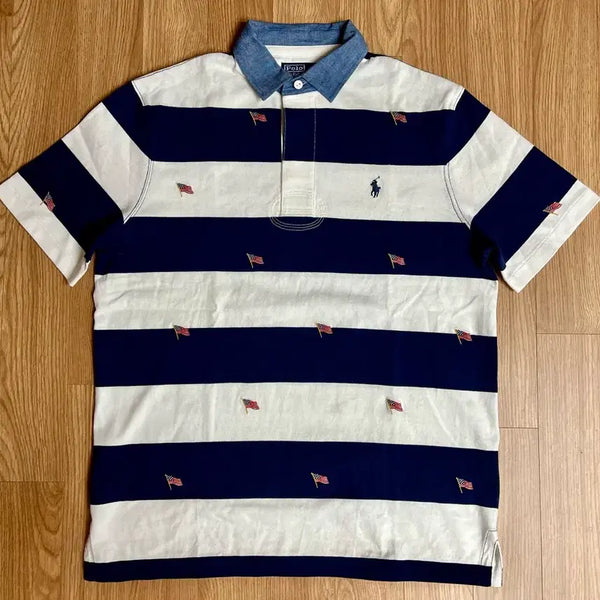 [BUNJANG] Polo Ralph Lauren Striped Embroidered Flag Rugby Shirt - Navy/White - Size M / 폴로 랄프 로렌 반팔 성조기 럭비 셔츠 M