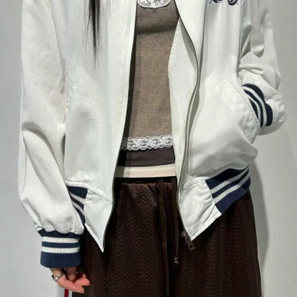 [BUNJANG] Stand Alone Striped Rib Racing Bomber Jacket White / 스탠드얼론 스트라이프 립 레이싱 봄버 화이트