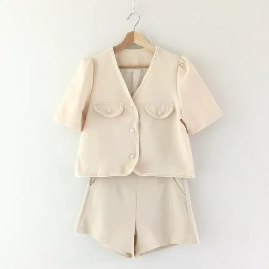 [BUNJANG] Beige Tweed Short-Sleeve Jacket & Shorts Set - M / (새) 베이지 트위드 반팔자켓 & 반바지 세트 M
