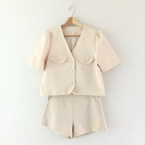 [BUNJANG] Beige Tweed Short-Sleeve Jacket & Shorts Set - M / (새) 베이지 트위드 반팔자켓 & 반바지 세트 M