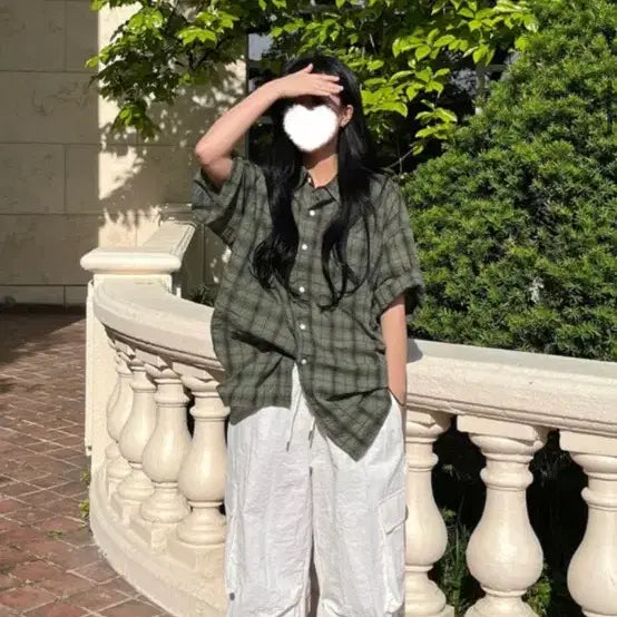 [BUNJANG] Unisex Plaid Short Sleeve Shirt / 반팔 체크 셔츠 1회착용 남여공용