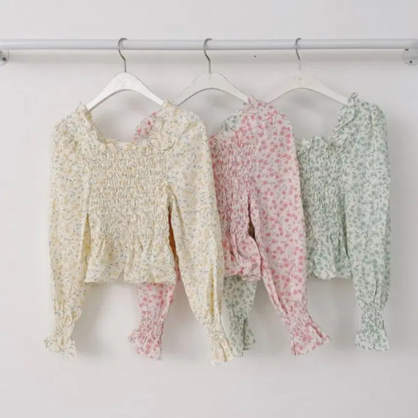 [BUNJANG] Flower Smoke Banding Frill Off-Shoulder Blouse / 플라워 스모크 밴딩 프릴 오프숄더 블라우스 F