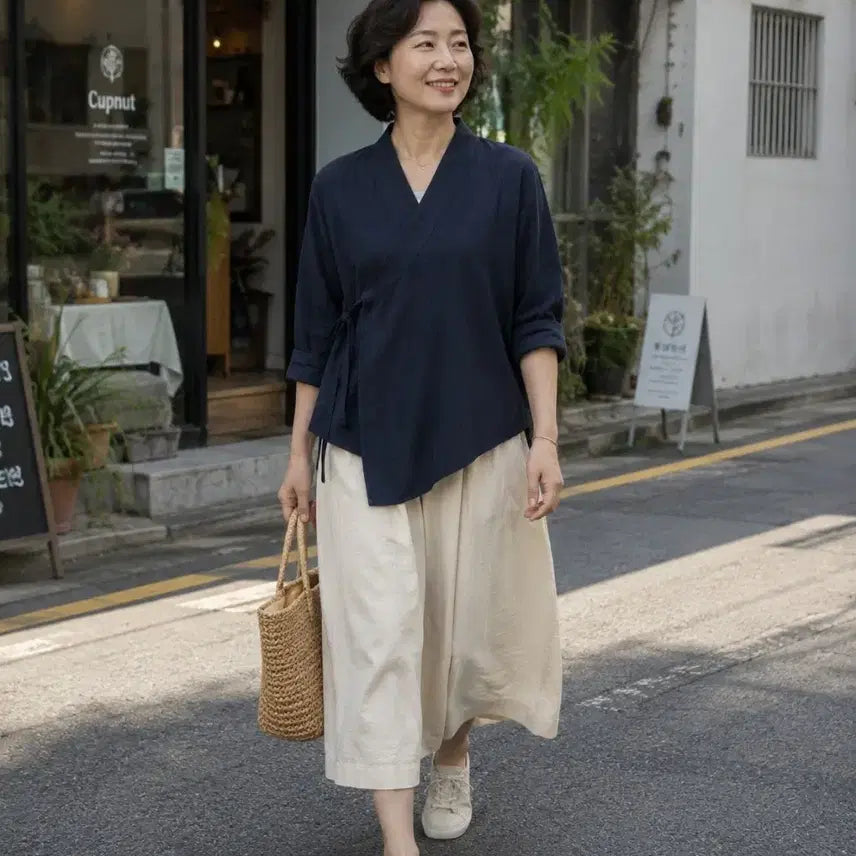 [BUNJANG] Navy Wrap Style Hanbok Durumagi Shirt / 랩 셔츠 한복 두루마기