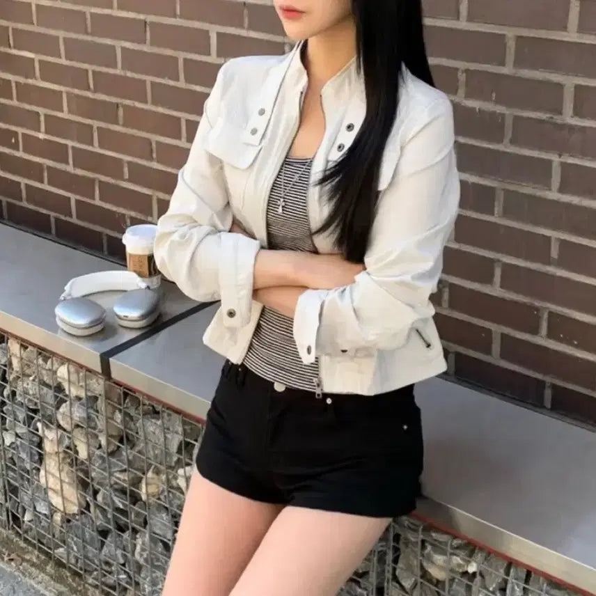 [BUNJANG] Strapless Two-Button Biker Jacket / 노카라 스트랩 투버튼 바이커 자켓