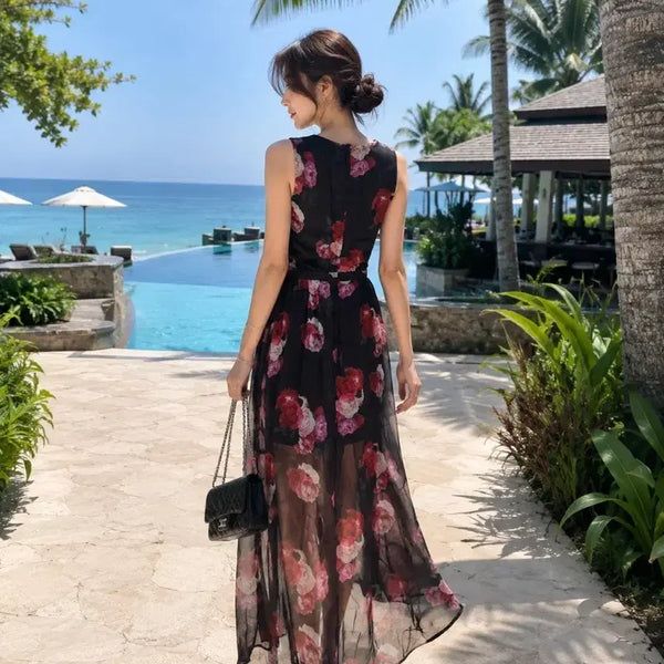 [BUNJANG] Black Floral Chiffon Maxi Dress / 블랙 플로럴 쉬폰 맥시 원피스