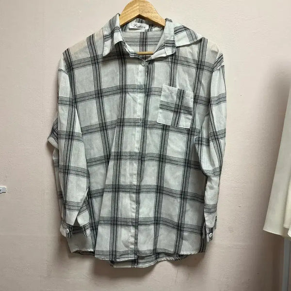 [BUNJANG] White Grey Checkered Shirt / 화이트 그레이  체크 셔츠 free