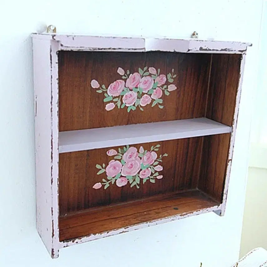 [BUNJANG] Vintage British 2-Tier Wooden Wall Shelf with Pink Floral Design / 빈티지 영국 핑크 꽃그림이 있는 2단 우드 월 쉘프