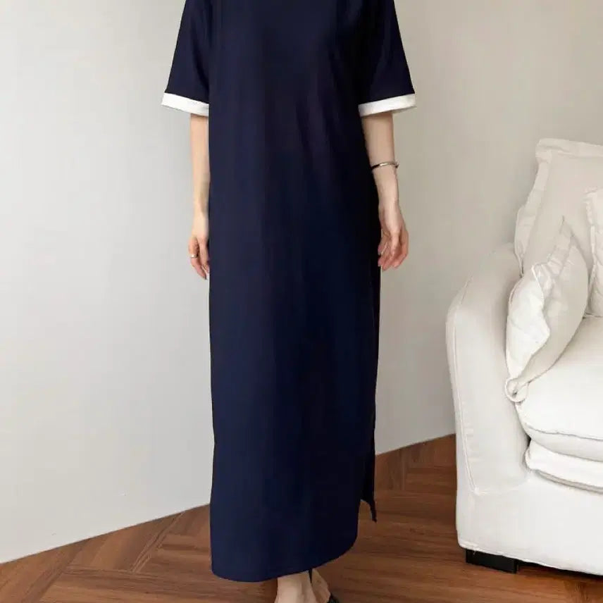 [BUNJANG] Boat Neck Colorblock Short Sleeve Long Dress / 새상품 보트넥 배색 반팔 롱 원피스 루즈핏 임부복 빅사이즈 가능