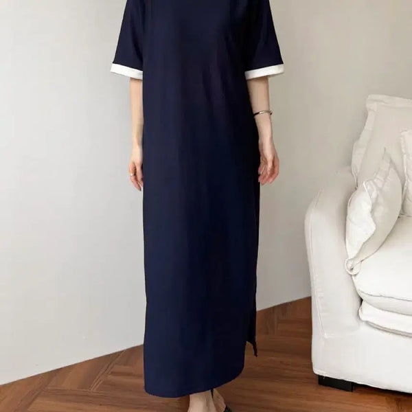 [BUNJANG] Boat Neck Colorblock Short Sleeve Long Dress / 새상품 보트넥 배색 반팔 롱 원피스 루즈핏 임부복 빅사이즈 가능