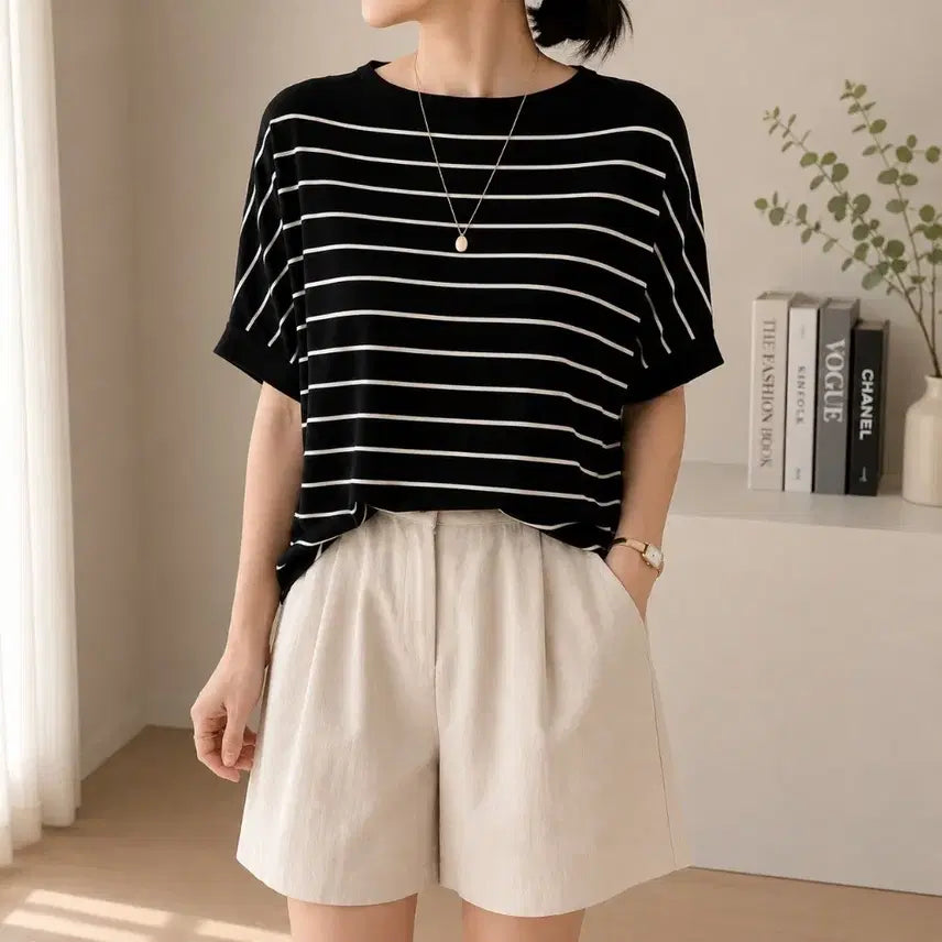 [BUNJANG] Women's Summer Stripe Short-Sleeve Knit Loose Fit / 여성 여름 냉감 스트라이프 반팔 니트 루즈핏
