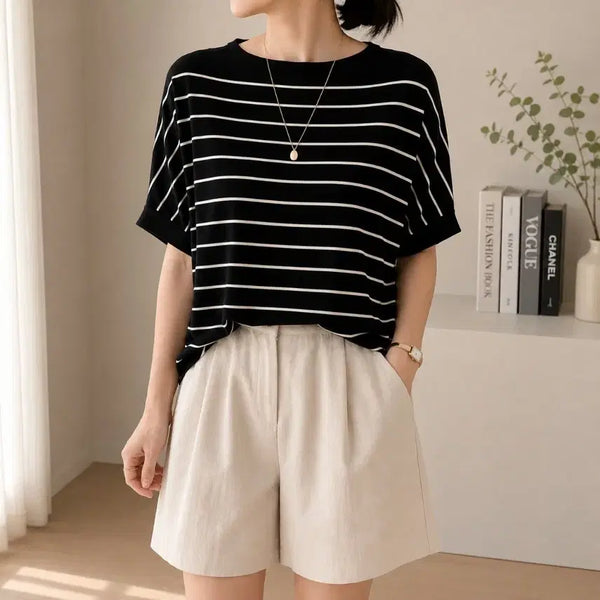 [BUNJANG] Women's Summer Stripe Short-Sleeve Knit Loose Fit / 여성 여름 냉감 스트라이프 반팔 니트 루즈핏