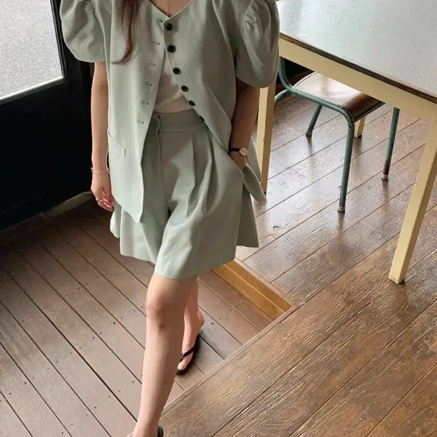 [BUNJANG] Pastel Puff Sleeve Jacket & Pintuck Shorts Set / (새상품) 파스텔톤 퍼프소매 자켓 & 핀턱 반바지 세트