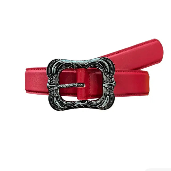 [BUNJANG] Under My Car Double Floral Buckle Plain Leather Belt Red / [2] 언더마이카 더블 플로럴 버클 플레인 레더 벨트 레드