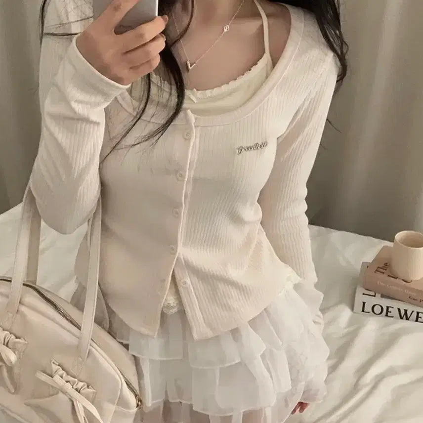 [BUNJANG] Ably Ribbed Cardigan Lace Integrated Halterneck Tank Top Set / 에이블리 골지 가디건 레이스 일체형 홀터넥 나시