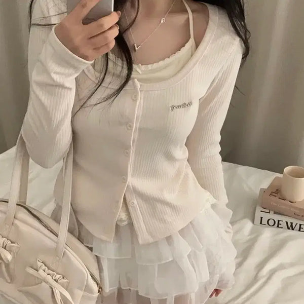 [BUNJANG] Ably Ribbed Cardigan Lace Integrated Halterneck Tank Top Set / 에이블리 골지 가디건 레이스 일체형 홀터넥 나시