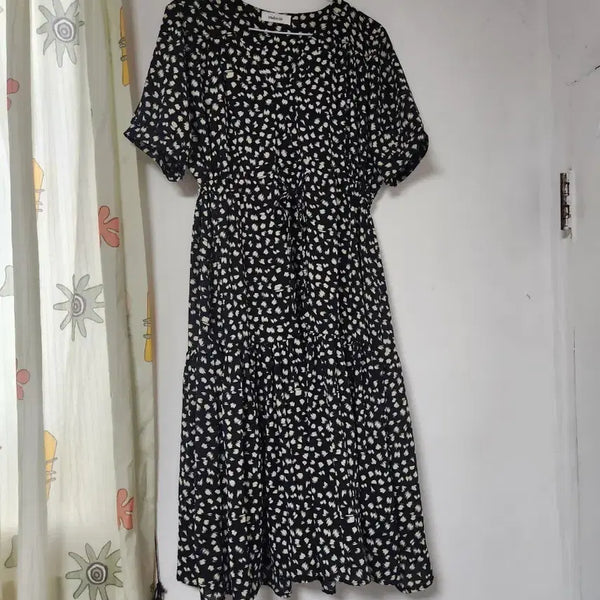 [BUNJANG] Black Pattern Long V-Neck Maxi Dress / 시원한  블랙 패턴 롱 원피스 F(66~88)