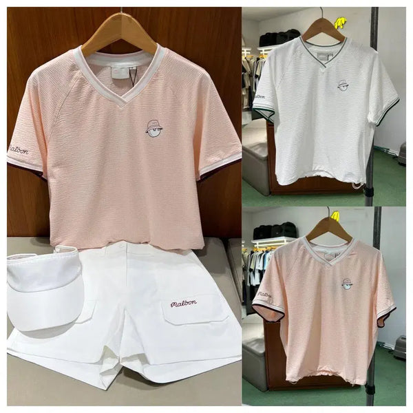 [BUNJANG] Malbon Women's V-Neck Embroidered Short Sleeve T-Shirt / MALBON 말본 여성 브이넥 엠보 반팔