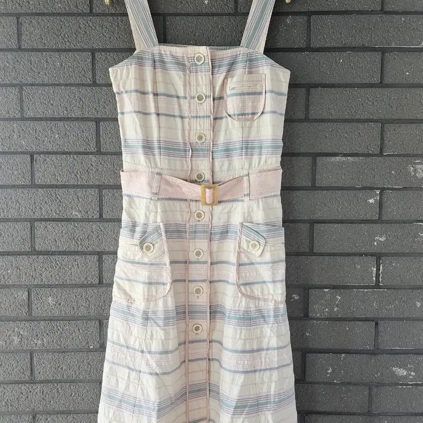 [BUNJANG] MICHAA Pastel Stripe Belted Sleeveless Dress / 미샤(MICHAA) 파스텔 스트라이프 나시 벨티드 원피스